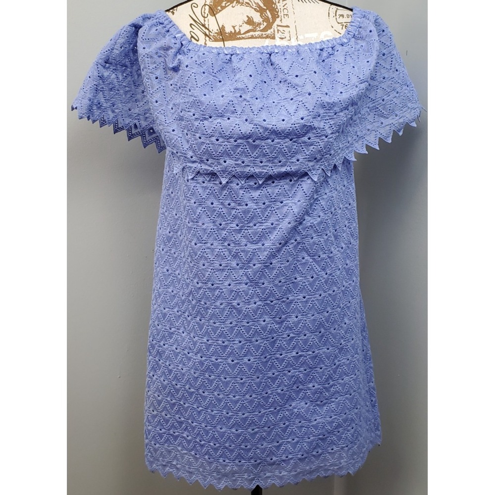 Kensie Shift Dress Womens XS Blue Eyelet Lined Ruffled Off-the-Shoulder Side Zip